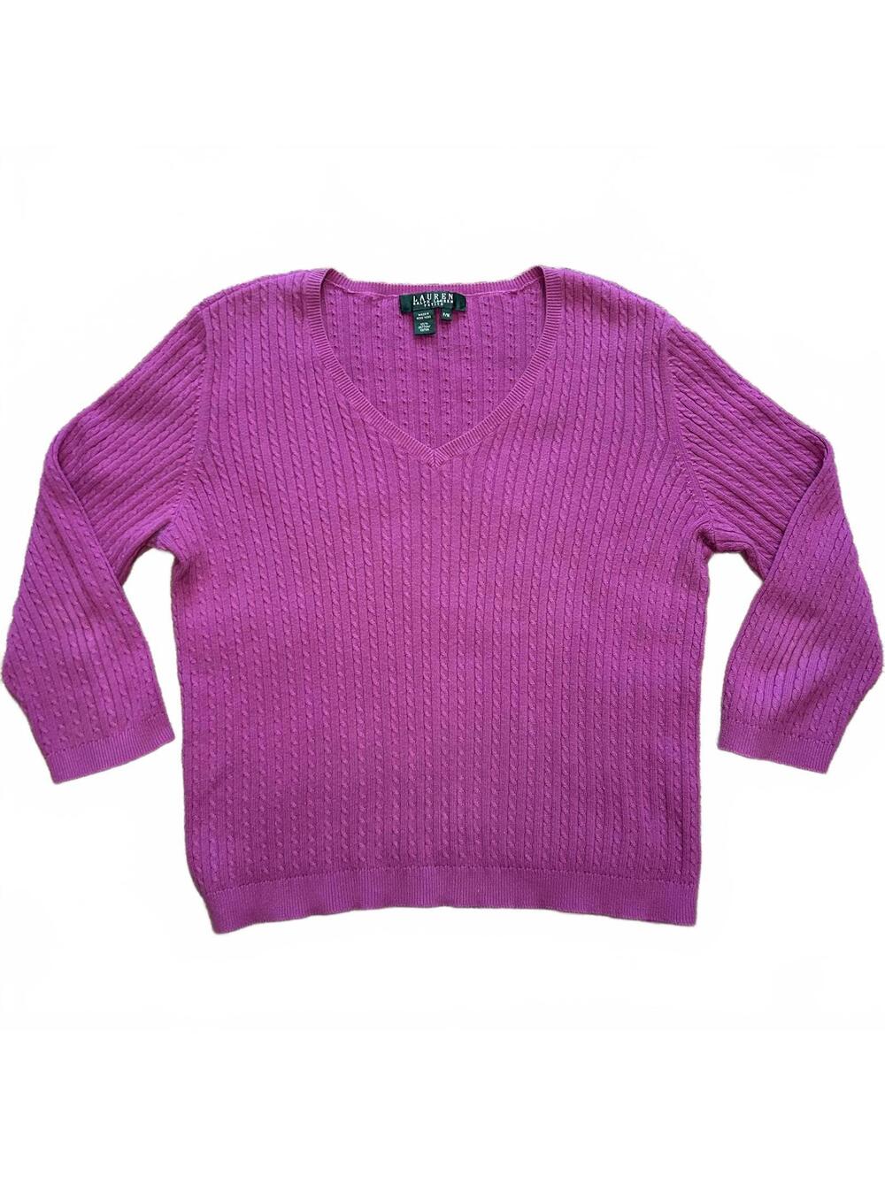 LRL Cable Knit Purple sweater 100% Cotton v-neck medium petite